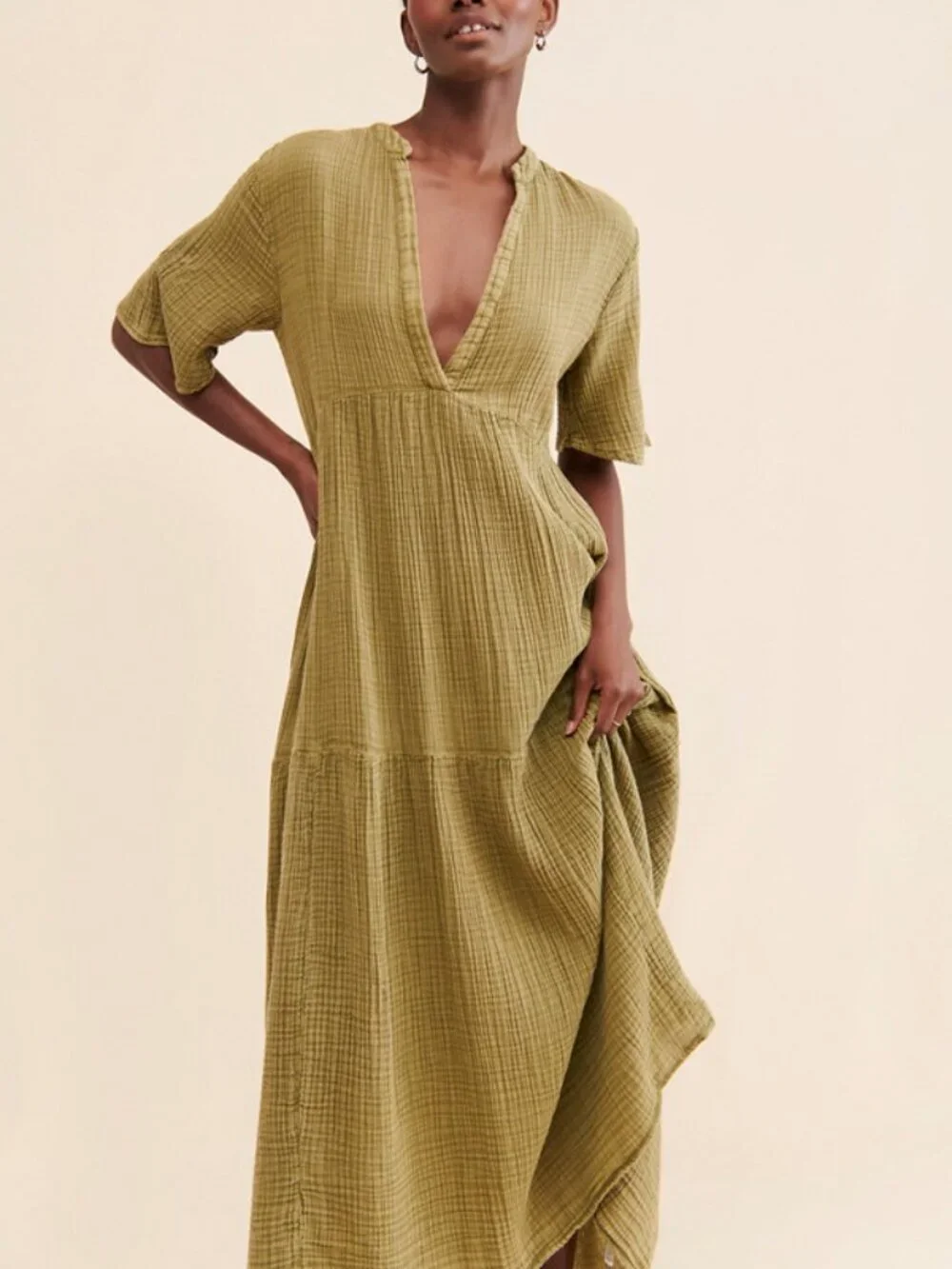 Anthropologie Moss Green Textured gauze Maxi Dress Size Medium 38419
